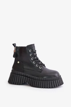 Ocieplane Skórzane Botki Trapery Na Masywnej Podeszwie GOE OO2N4126 Czarne