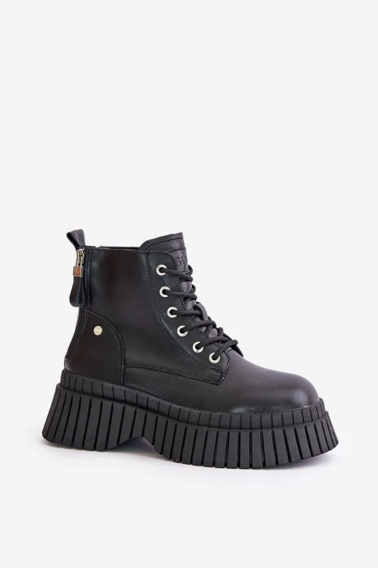 Ocieplane Skórzane Botki Trapery Na Masywnej Podeszwie GOE OO2N4126 Czarne