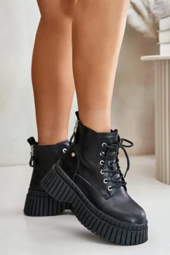 Ocieplane Skórzane Botki Trapery Na Masywnej Podeszwie GOE OO2N4126 Czarne