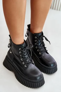 Ocieplane Skórzane Botki Trapery Na Masywnej Podeszwie GOE OO2N4126 Czarne