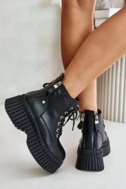 Ocieplane Skórzane Botki Trapery Na Masywnej Podeszwie GOE OO2N4126 Czarne