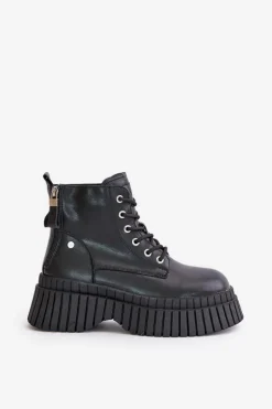 Ocieplane Skórzane Botki Trapery Na Masywnej Podeszwie GOE OO2N4126 Czarne