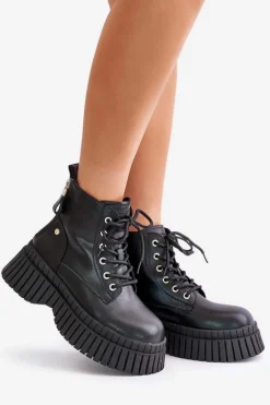 Ocieplane Skórzane Botki Trapery Na Masywnej Podeszwie GOE OO2N4126 Czarne