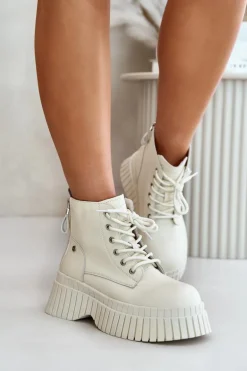 Ocieplane Skórzane Botki Trapery Na Masywnej Podeszwie GOE OO2N4127Jasnobeżowe
