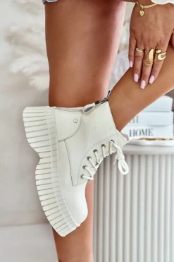 Ocieplane Skórzane Botki Trapery Na Masywnej Podeszwie GOE OO2N4127Jasnobeżowe