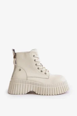 Ocieplane Skórzane Botki Trapery Na Masywnej Podeszwie GOE OO2N4127Jasnobeżowe