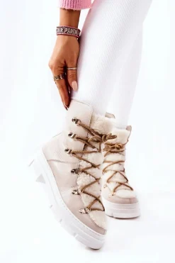 Ocieplane Skórzane Botki Trapery Jasnobeżowe Nerisso