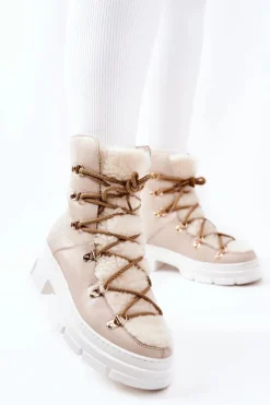 Ocieplane Skórzane Botki Trapery Jasnobeżowe Nerisso