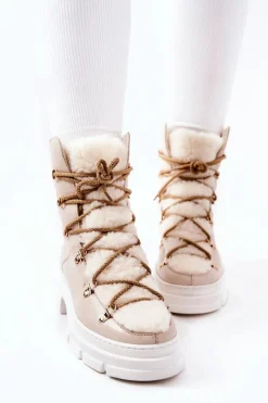 Ocieplane Skórzane Botki Trapery Jasnobeżowe Nerisso