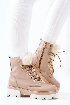 Ocieplane Skórzane Botki Workery Beżowe Lecolly