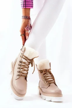 Ocieplane Skórzane Botki Workery Beżowe Lecolly
