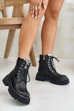 Ocieplane Skórzane Botki Workery Damskie Z Cyrkoniami GOE OO2N4125 Czarne