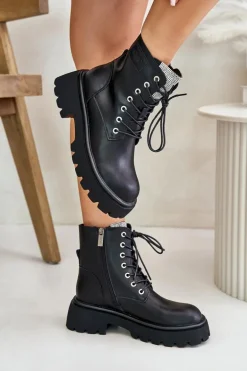 Ocieplane Skórzane Botki Workery Damskie Z Cyrkoniami GOE OO2N4125 Czarne