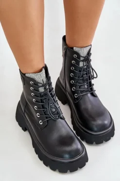 Ocieplane Skórzane Botki Workery Damskie Z Cyrkoniami GOE OO2N4125 Czarne