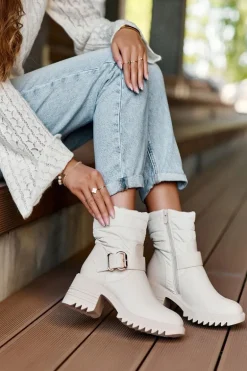 Ocieplane Skórzane Botki Z Klamrą Beżowe Osonia