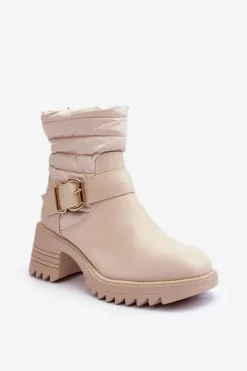 Ocieplane Skórzane Botki Z Klamrą Beżowe Osonia