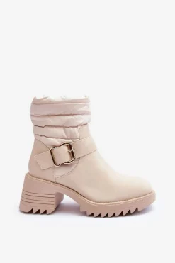 Ocieplane Skórzane Botki Z Klamrą Beżowe Osonia