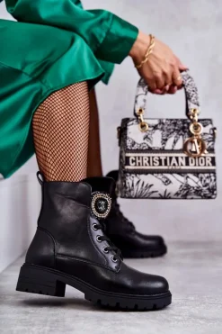 Ocieplane Skórzane Botki Z Ozdobą Czarne Blandi