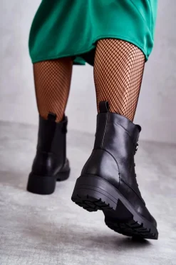 Ocieplane Skórzane Botki Z Ozdobą Czarne Blandi