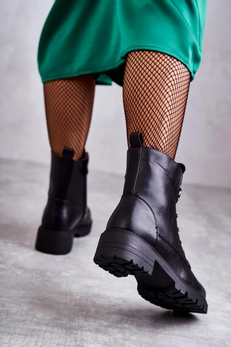 Ocieplane Skórzane Botki Z Ozdobą Czarne Blandi