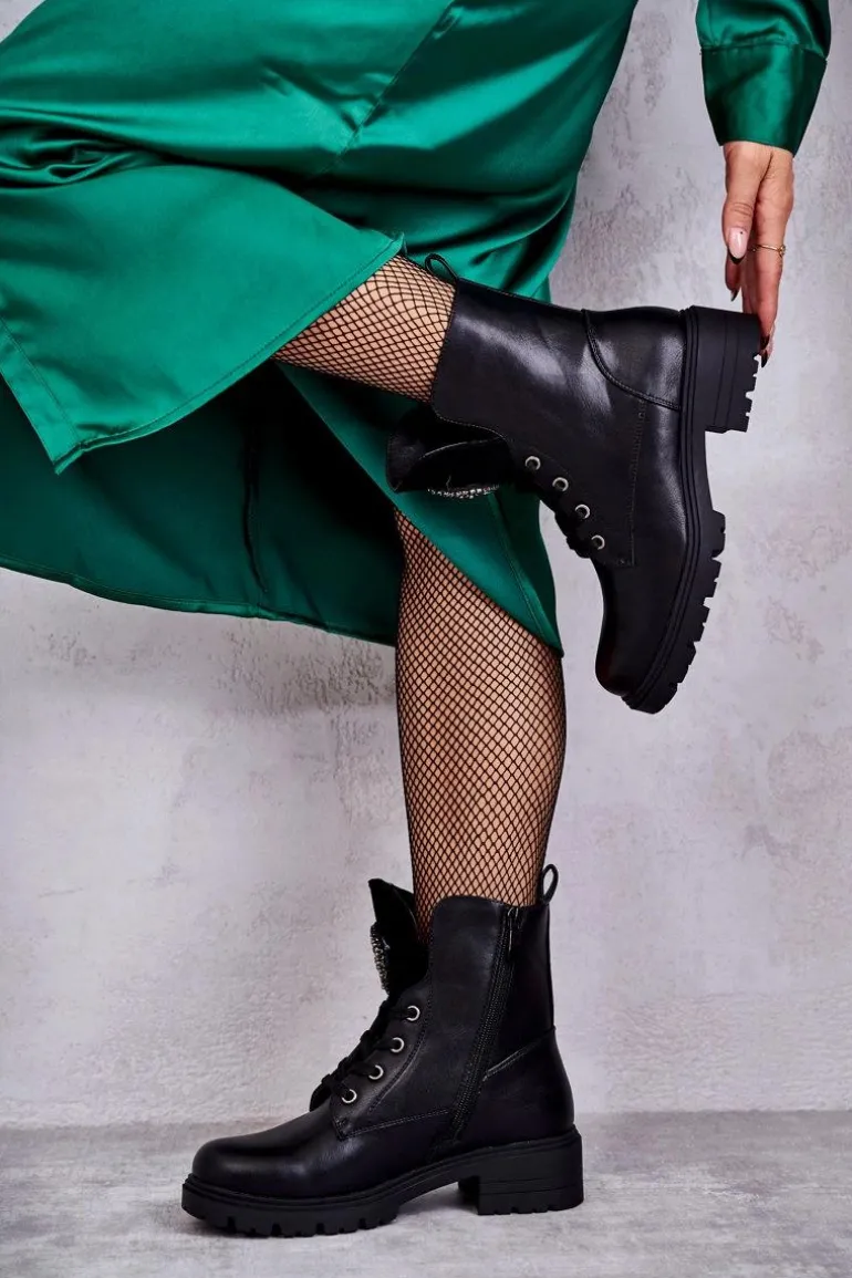 Ocieplane Skórzane Botki Z Ozdobą Czarne Blandi