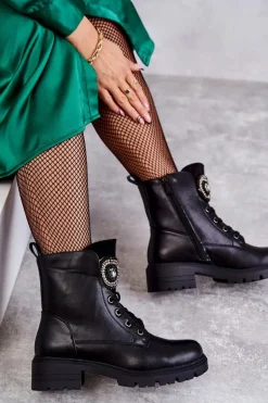 Ocieplane Skórzane Botki Z Ozdobą Czarne Blandi