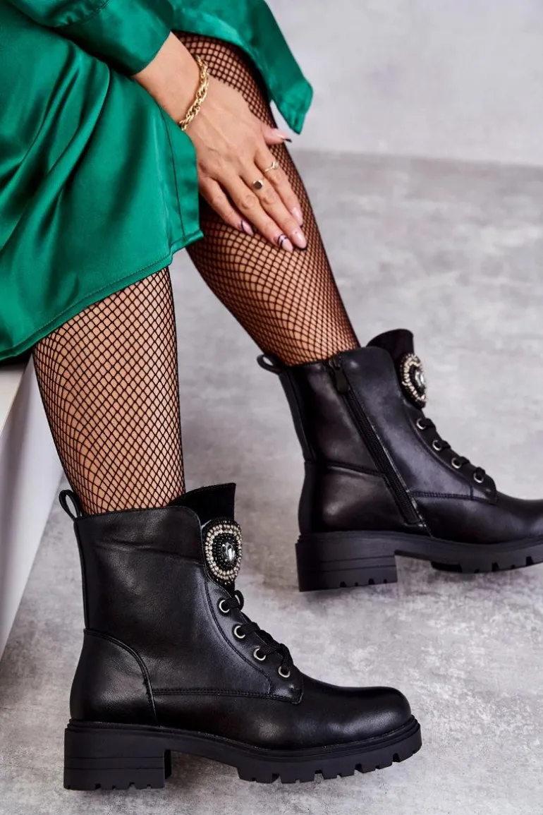 Ocieplane Skórzane Botki Z Ozdobą Czarne Blandi