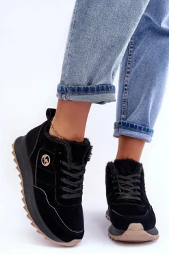 Ocieplane Skórzane Buty Sportowe Na Platformie Czarne Adite