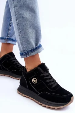 Ocieplane Skórzane Buty Sportowe Na Platformie Czarne Adite