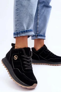 Ocieplane Skórzane Buty Sportowe Na Platformie Czarne Adite