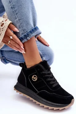 Ocieplane Skórzane Buty Sportowe Na Platformie Czarne Adite