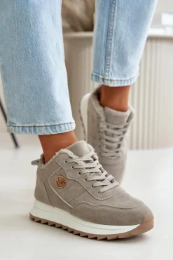 Ocieplane Skórzane Buty Sportowe Na Platformie Szare Adite