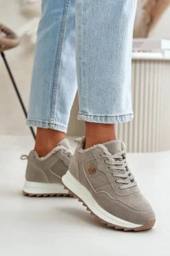 Ocieplane Skórzane Buty Sportowe Na Platformie Szare Adite