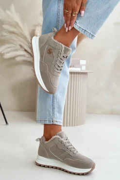 Ocieplane Skórzane Buty Sportowe Na Platformie Szare Adite