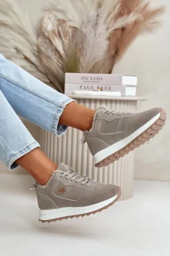 Ocieplane Skórzane Buty Sportowe Na Platformie Szare Adite