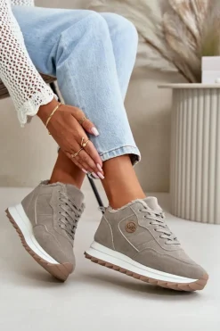 Ocieplane Skórzane Buty Sportowe Na Platformie Szare Adite