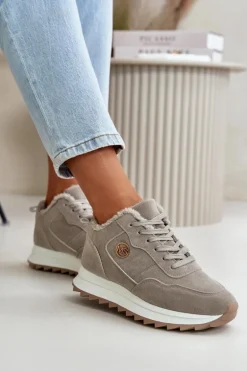 Ocieplane Skórzane Buty Sportowe Na Platformie Szare Adite