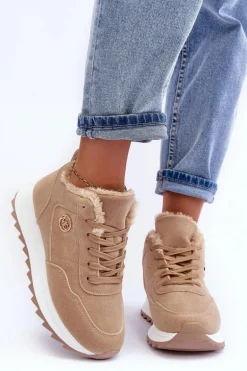 Ocieplane Skórzane Buty Sportowe Na Platformie Ciemnobeżowe Adite