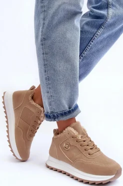 Ocieplane Skórzane Buty Sportowe Na Platformie Ciemnobeżowe Adite