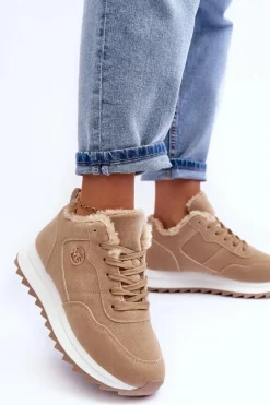 Ocieplane Skórzane Buty Sportowe Na Platformie Ciemnobeżowe Adite