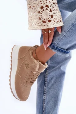 Ocieplane Skórzane Buty Sportowe Na Platformie Ciemnobeżowe Adite