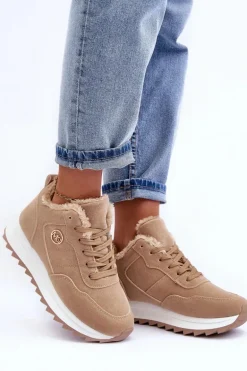 Ocieplane Skórzane Buty Sportowe Na Platformie Ciemnobeżowe Adite