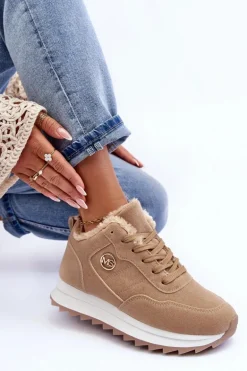 Ocieplane Skórzane Buty Sportowe Na Platformie Ciemnobeżowe Adite