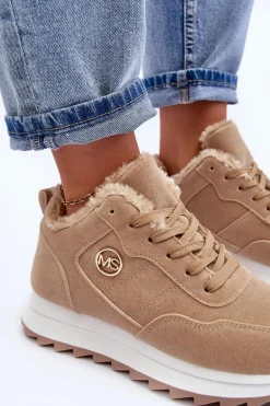 Ocieplane Skórzane Buty Sportowe Na Platformie Ciemnobeżowe Adite