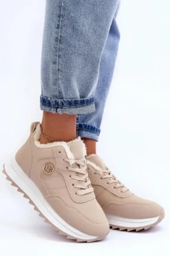 Ocieplane Skórzane Buty Sportowe Na Platformie Beżowe Adite