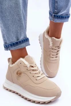 Ocieplane Skórzane Buty Sportowe Na Platformie Beżowe Adite