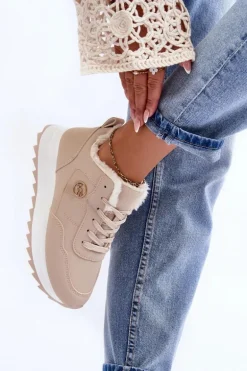 Ocieplane Skórzane Buty Sportowe Na Platformie Beżowe Adite