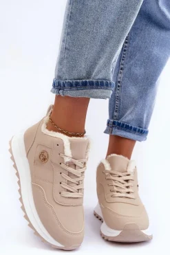Ocieplane Skórzane Buty Sportowe Na Platformie Beżowe Adite