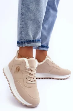Ocieplane Skórzane Buty Sportowe Na Platformie Beżowe Adite