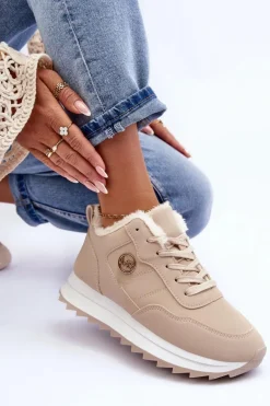 Ocieplane Skórzane Buty Sportowe Na Platformie Beżowe Adite